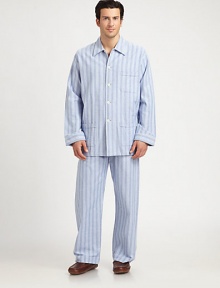 Two-piece set woven in handsomely brushed cotton flannel, is soft to the touch with a smart, striped finish. Cotton. Machine wash. Imported.SHIRTButton frontChest, hip patch pocketsPANTSide elastic waistInseam, about 31