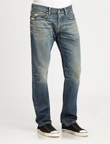 Generous fading and distressing lends a relaxed-cool edge to this modern fit, which is loose and slouchy in the hip while slightly tapered in the leg.Five-pocket styleInseam, about 33CottonMachine washMade in USA