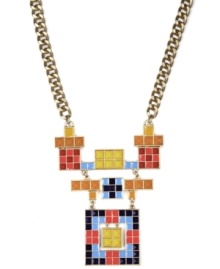 Geometric glam! RACHEL Rachel Roy's pyramid square frontal necklace will add a bold burst of color whenever you wear it. Adorned with resin accents, it's made in gold tone mixed metal. Approximate length: 16 inches + 2-1/2-inch extender.