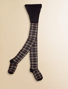 Opaque, stretch tights adorned with a festive tartan print.Elastic waistSmooth from waist to hips53% polyester/45% cotton/2% spandexMachine washMade in USA