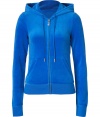 Paint color into your casual attire with this bright blue velour hoodie from Juicy Couture - Hooded, front zip closure, long sleeves, split kangaroo pocket - Slim fit - Pair with matching pants, favorite jeans, or mini-skirts