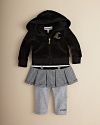 Juicy Couture's goes for a scholastic layered look, with a cute uniform-style pleated skirt attached to the leggings, matched with a classic velour hoodie.