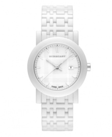 This Burberry timepiece features a white ceramic check-inspired bracelet and round case. White dial features check pattern, applied silver tone stick indices, minute track, date window at three o'clock, three hands and logo. Swiss quartz movement. Water resistant to 50 meters. Two-year limited warranty.