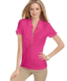 The traditionally preppy polo gets a chic edge for spring with this petite MICHAEL Michael Kors top, featuring an exposed zipper trim and ruching!