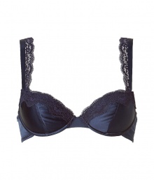 Elegant, dark blue silk bra with lace - demi bra also works well for small sizes - slightly padded, makes for a nice push-up effect - lace extends along the straps - great for wide boat necklines and sheer blouses - back hook closure - just a little bit of spandex ensures a perfect fit - adjustable straps - sexy, stylish, seductive - makes a great set with the matching panty or thong