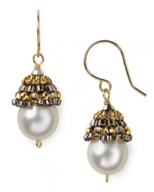 Miyuki and gold beaded caps update traditional pearl drop earrings. By Miguel Ases.