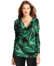 A tropically inspired botanic print lends a lush feel to this cowlneck top from MICAHEL Michael Kors.