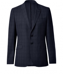 A smart, slim-cut blazer is an essential in any wardrobe, and PS by Paul Smiths midnight blue jacket is a modern must - Crafted from fine, pure check-patterned wool - Contemporary cut is single-breasted and slightly fitted - Medium-width collar and lapels, two flap pockets, single chest pocket and two-button closure - Vent at rear - Polished and elegant, perfect for pairing with a button down and jeans or a cashmere pullover and dress trousers