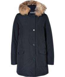 Stylish and sporty with an ultra soft raccoon fur trimmed hood, Woolrichs Arctic down parka is a must for cool weather looks - Hood with raccoon fur trim, long sleeves, fitted ribbed knit cuffs, hidden two-way front zip, button placket, buttoned front patch pockets, snapped slit pockets - Contemporary fit, slight A-line silhouette - A versatile, classic coat perfect for both city streets and country slopes