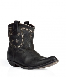 Classic American cowboy boots get funky in black, stitched leather - Short shaft with wide pulls and decorative Texas-style star stitching - Traditional rounded tip and angled, wooden heel - Vintage feel creates sought-after lived in look - Wear with sexy mini-dress or flowing sundress