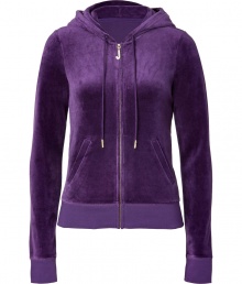 Paint color into your casual attire with this rich blackberry velour hoodie from Juicy Couture - Hooded, front zip closure, long sleeves, split kangaroo pocket - Slim fit - Pair with matching pants, favorite jeans, or mini-skirts