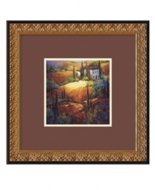 Wake up in Italy. Nancy O'Toole's Morning Light Tuscany landscape captures the rolling hills, cypress trees and red-roofed villas at dawn. An elaborately embossed goldtone frame with black trim elevates the print with lavish, gallery-ready style.