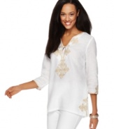 Greet warm weather in this linen tunic from Charter Club, complete with luxe embroidered accents. Pair it with slim cropped pants for everyday style that makes a sophisticated statement.