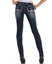 Embroidered crosses with rhinestone details add eye-catching appeal to these Miss Me straight-leg jeans -- perfect for hot everyday style!