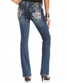 Rhinestone Fleur de Lise  add eye-catching appeal to these Miss Me bootcut jeans -- perfect for a daytime glam look!