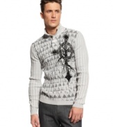 This ribbed knit sweater INC International Concepts boasts a sleek mock neck and a cool cross graphic print.