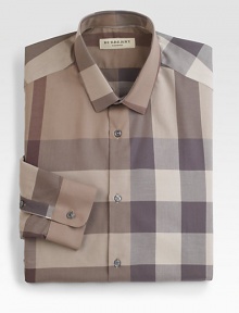 An expanded pattern of checks in a classic Burberry palette walks the line between dress and casual.Modified spread collarButton frontBarrel cuffsCottonDry cleanImported