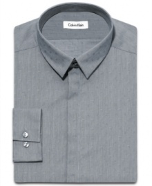 A shadowy gray pattern makes this slim-fit shirt from Calvin Klein right at home in the concrete jungle.