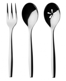 Pure modern, the Aidan serving set is crafted with round, slender handles to balance oversized tines and bowls. Forged 18/10 stainless steel yields superior shine and heft, just like Nambe flatware.