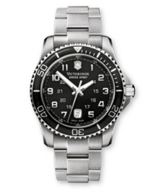 Make a lasting impression with this durable, multifunctional watch from Victorinox Swiss Army. Stainless steel bracelet and round case with anti-reflective sapphire crystal and bi-directional rotating bezel. Black dial features logo, date window at six o'clock, luminous hands and numeral indices. Swiss movement. Water resistant to 100 meters. Three-year limited warranty.