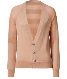 Stylish cardigan in fine, toasty brown cotton and nylon blend - On-trend, wide tonal stripe motif - Long sleeves, deep v-neck and shorter button placket - Slim silhouette tapers gently at waist - Casually elegant, easily dressed up or down - Pair with skinny jeans and ballet flats or a silk tank cropped trousers and wedge sandals