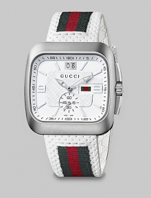 From the Gucci Coupé Collection. A sporty style featuring a white dial with a sub-dial and web accented white leather strap. Swiss quartz movementWater resistant to 5 ATMSquare stainless steel case, 40mm (1.5) X 40mm (1.5)Smooth bezelWhite dialBar and numeric hour markersDate display at 12 o'clockSecond sub-dial Web accented white leather strapMade in Switzerland 