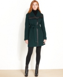 Calvin Klein redefines minimalist chic with this elegant petite coat. The faux-leather trim adds appealing edge.