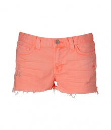 With distressed styling in an eye-catching neon coral hue, J Brand Jeans frayed cut-offs are an eye-catching way to amp up warm weather looks - Classic five-pocket style, button closure, belt loops, distressed detailing on the front - Fitted - Wear with an oversized button-down and bright leather sandals