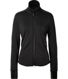 Inject a modern edge into your sportswear wardrobe with Jet Sets sleek stretch zip-up jacket, the perfect weight for wearing both indoors and out - Stand-up collar, long sleeves, zippered front, zippered pockets - Form-fitting - Team with weather boots and jeans, or with workout leggings and fashion sneakers