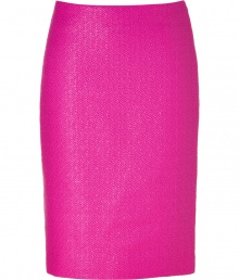 Luxe pencil skirt in ultra-fine, cotton and nylon blend - Vibrant and eye-catching in hot pink - Elegant, all-over geometric motif - The detail we love : a gold metal zipper extending from the small of the back to the hem - Classic slim cut is feminine and flattering, hits at knee - Polished style works for day or evening - Pair with a silk tank or a crisp button down and sky high heels