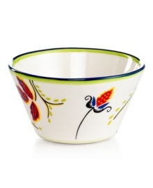 On the bright side. Crafted of easy-care earthenware, Penelope fruit bowls feature whimsical flowers and bands of bold color that make every meal a standout. A must from the Clay Art dinnerware collection.