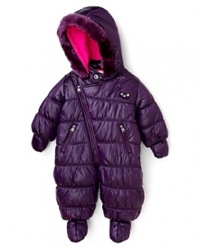 A purple suit with an asymmetric zipper and a faux fur trimmed hood offer stylish warmth for you little snow bunny, complete with removable hood, mittens and booties. By Diesel.