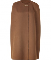 An ultra-luxe alternative to the classic wool coat, this neutral-hued Salvatore Ferragamo cape is the ultimate must-have for the season - Round neck with gold-toned key detail, front slits for arms - Sleek straight silhouette - Style with a cocktail sheath or with slim trousers and a cashmere pullover