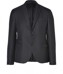 Pull together your look with a finish of impeccable tailoring in Neil Barretts anthracite wool blazer - Peaked lapel, long sleeves, buttoned cuffs, flap pockets, double back vent - Tailored fit, slightly shorter length - Pair with crisp shirts and tailored matching trousers