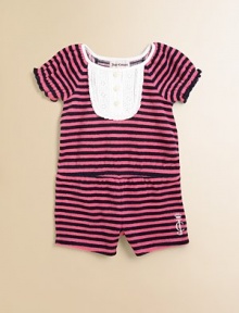 Striped, terry design with a fancy eyelet bib, button detail and sweet ruffled cuffs.U-neckShort sleeves with ruffles and elastic cuffElastic waistLogo detail at hemHidden bottom snaps80% cotton/20% polyester loop terryMachine washImported