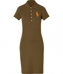 Stylish dress in fine olive cotton stretch - A casual classic from cult label Polo Ralph Lauren - Traditional, button down polo style with small collar and short sleeves - Oversize decorative embroidered logo at chest - Slim skirt hits just above the knees - Fitted cut creates a particularly flattering silhouette - A sporty-chic go-to in any wardrobe ideal for work and play - Pair with a cropped cardigan and strappy sandals, or layer with a blazer and style with ballet flats