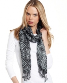 Take a shine to everyday accessorizing with this shimmery metallic scarf from Cejon, featuring a gorgeous geometric pattern and flirty fringe.