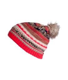 Work a fun edge into your chic winter accessories collection with Juicy Coutures bright linen-multi heritage knit beanie - Ribbed coral brim, faux fur pom-pom - Wear with sporty parkas and just as bright mittens