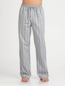 Stylish woven cotton lounge pant features a sophisticated stripe pattern for a streamlined finish.Elastic drawstring waistInseam, about 32CottonMachine washImported