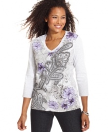 Karen Scott's easy V-neck features a pretty paisley and floral graphic. Pair it with jeans for essential style everyday.