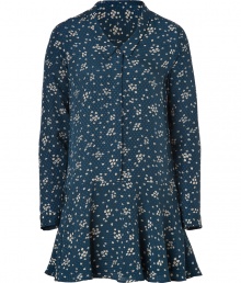 Inject a vintage edge into your lady-chic looks with Paul & Joes incredibly feminine floral print silk shirtdress - Softly pointed collar, long sleeves, buttoned cuffs, covered partial button-down front, ruffled mini-skirt - Loosely tailored fit - Wear with fun flats and a leather carryall tote to work