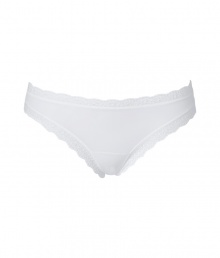 Stylish thong in fine, white synthetic stretch - Very soft and comfortable thanks to some spandex content - With fashionable, moderately wide band and luxurious lace trim - Perfect, snug fit - Stylish, sexy, seductive - Fits under (almost) all outfits