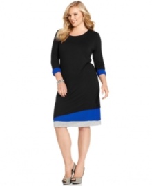 Impress at the office in Cha Cha Vente's three-quarter-sleeve plus size dress, featuring a must-have colorblocked pattern.