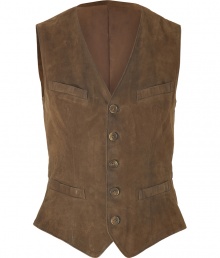 With a wild west-meets-menswear aesthetic, this chic vest from Polo Ralph Lauren adds instant style to your casual basics - V-neck, welt pockets, front button placket, back belt detail - Style with a plaid button-down, skinny jeans, and ankle boots