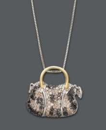 A fashionista's dream -- this pint-sized purse packs a fierce amount of sparkle. Handbag pendant features a leopard-print surface made of round-cut champagne diamonds (1/3 ct. t.w.) and black diamonds (1/5 ct. t.w.). Setting and chain crafted in sterling silver with a 14k gold purse handle. Approximate length: 18 inches. Approximate drop: 3/4 inch.