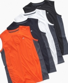 Your star athlete can keep cool and dry, even when the competition heats up, in this dry-fit muscle tee from Champions.