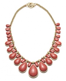 Beach-inspired style. Lauren by Ralph Lauren's warm-hued frontal necklace features reconstituted coral teardrops and accent beads set in gold tone mixed metal. Approximate length: 18 inches. Approximate drop: 1-1/2 inches.