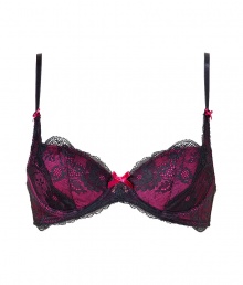 Add instant sex appeal with this naught-but-nice bra from Elle MacPherson Intimates - Pink with charcoal lace overlay, adjustable narrow straps with bow detail, front bow, hook and eye closure, padded cups - Perfect underneath your favorite dress