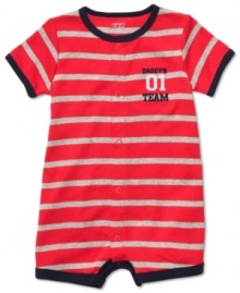 He will be daddy's biggest fan in this adorable Carter's striped onesie. Snaps at front and leg openings for easy changes.