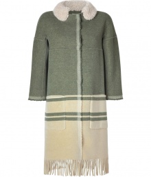 Exquisitely detailed with a finish of chic textural fringe, Ermanno Scervinos two-tone wool twill coat is an ultra luxe take on contemporary outerwear - Textural knit spread peter pan collar, 3/4 sleeves, hidden snapped front, patch pockets, unlined - Tailored straight fit - Team with slim cut trousers and flawless leather boots